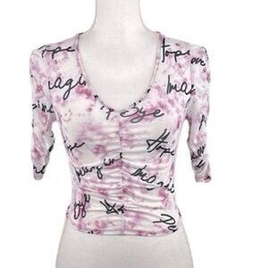 Love J Pink and White Mesh Tie-Dye Ruched Half Sleeve Crop Top